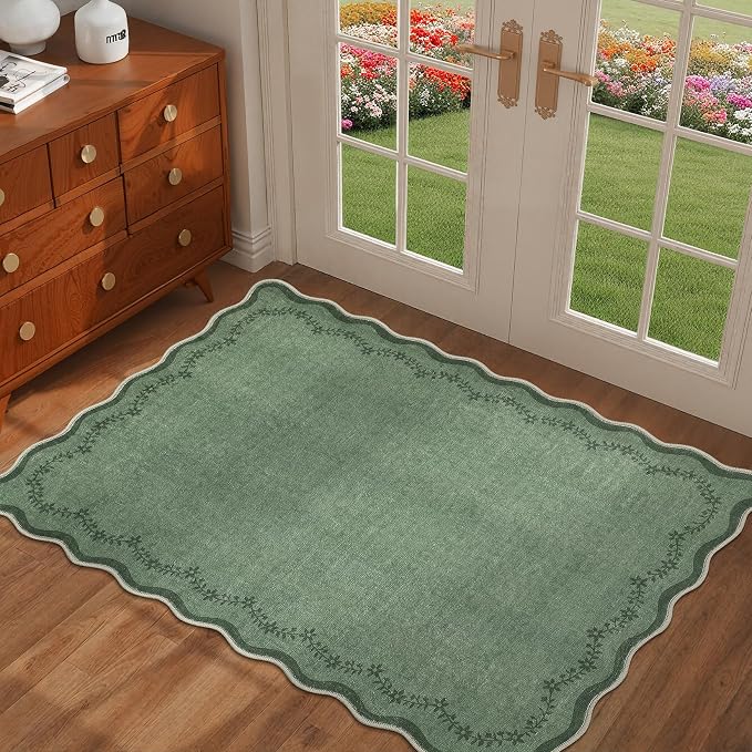 GarveeHome Scalloped Entryway Rug 2x3 Green Washable Front Door Entry Rug | - Image 3