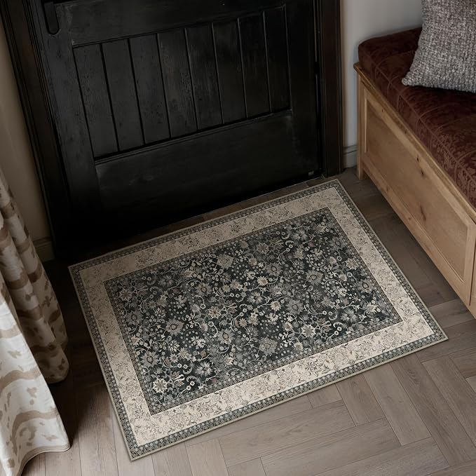 2x3 Black Beige Vintage Floral Washable Area Rug by HUGEAR
