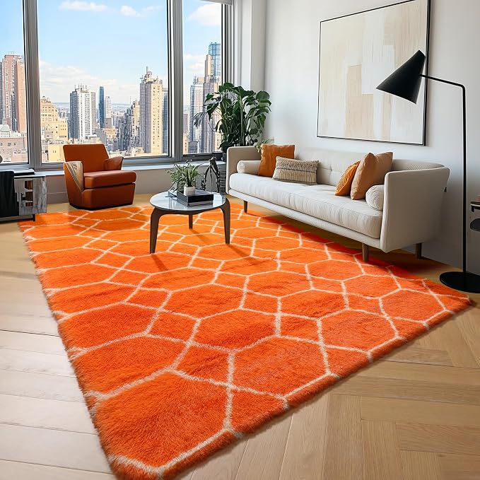 Area Rugs for Living Room, 5x8 Fluffy Orange and White Bedroom Trellis Rug | - Image 2