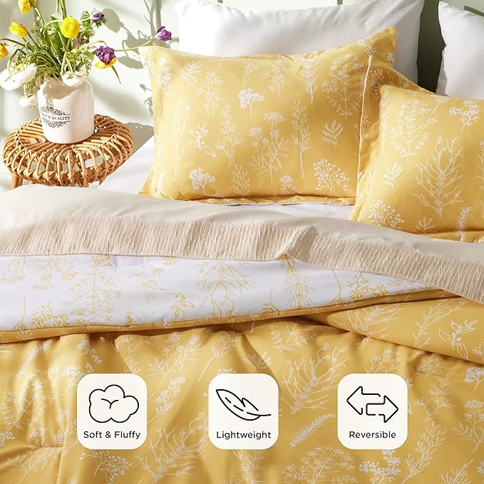 Bedsure King Comforter Set - Yellow Bed Set, 3 Pieces Cute Floral Bedding, 1 Soft Reversible Botanical Flowers Comforter and 2 Pillow Shams