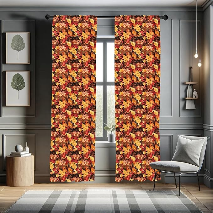 Ambesonne Fall Curtains, Happy Autumnal Colors with Birds in Nests Cartoon Illustration Print, Window Treatments 2 Panel Set for Living Room Bedroom, Pair of - 28" x 95", Cinnamon Amber and Orange