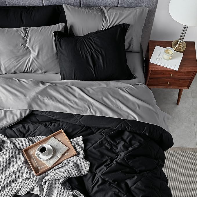 Bedsure Twin XL Comforter Set - 5 Pieces Reversible Black Bedding, Twin XL Size Bed Set for All Seasons, Bed in a Bag with Down Alternative Comforter, Sheets, Pillowcase & Sham