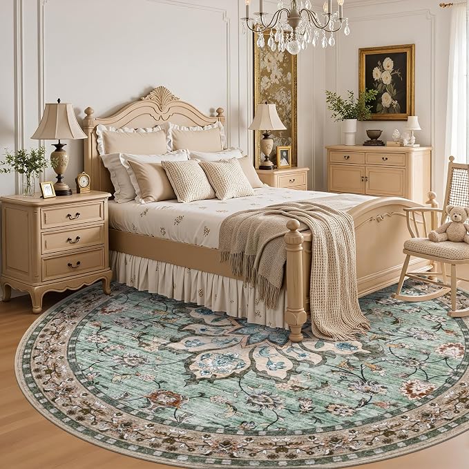 Round Area Rug for Living Room: 4ft Boho Washable Rug Brown Green | Vintage - Image 4