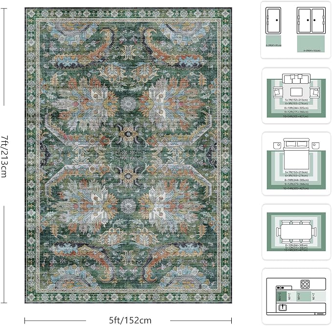 5x7 Area Rugs, Vintage Retro Soft Washable Rug, Non-Slip Low Pile Rugs - Image 2