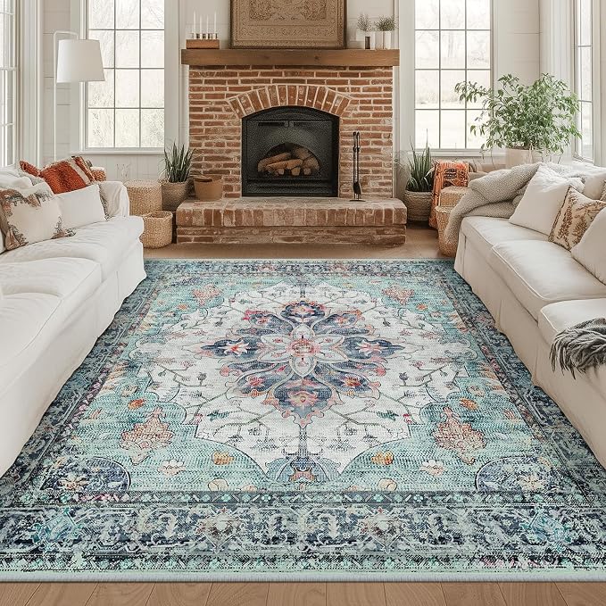 RELEANY Washable Area Rug, Square 8'x8', Teal Green/White/Navy | Non-Slip by RELEANY