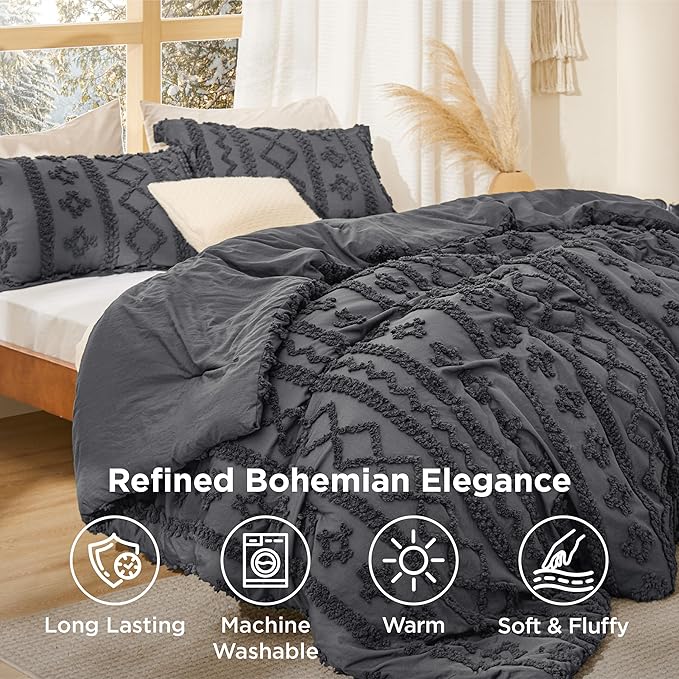 Bedsure Tufted Boho Comforter Set California King Size - Dark Grey Boho Bed Set, GentleSoft™ 3 Pieces Farmhouse Shabby Chic Embroidery Bedding, Gifts for Woman, Soft Jacquard Comforter for All Seasons