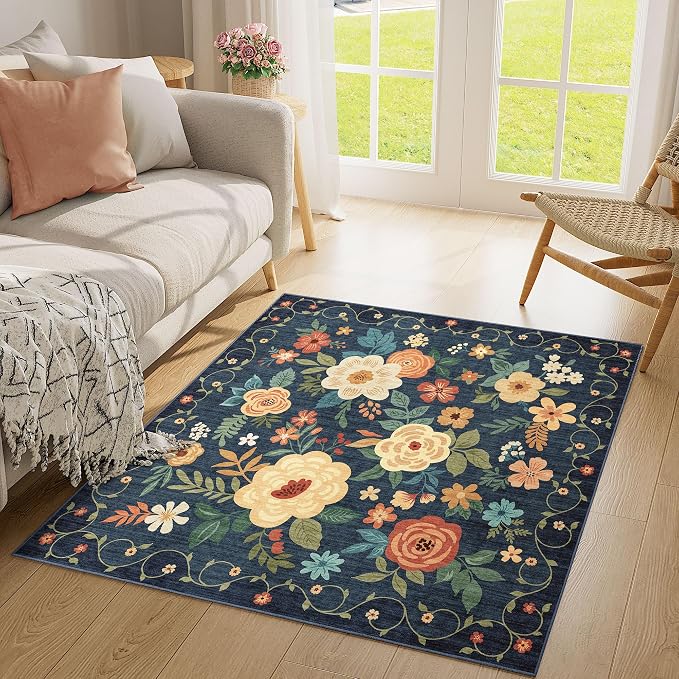 DUKINO 4x4 Square Area Rug, Floral Washable Rug - Image 8