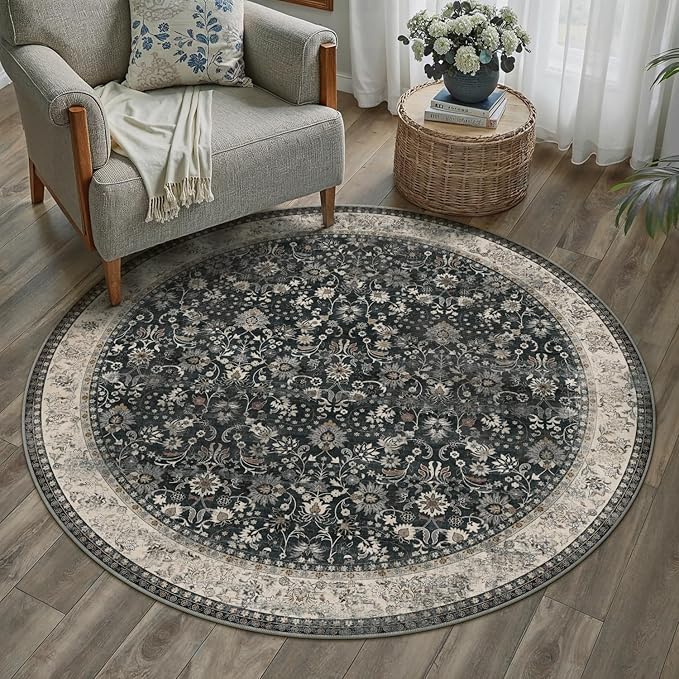 4ft Round Black Beige Vintage Floral Washable Rug by HUGEAR