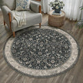 4ft Round Black Beige Vintage Floral Washable Rug by HUGEAR