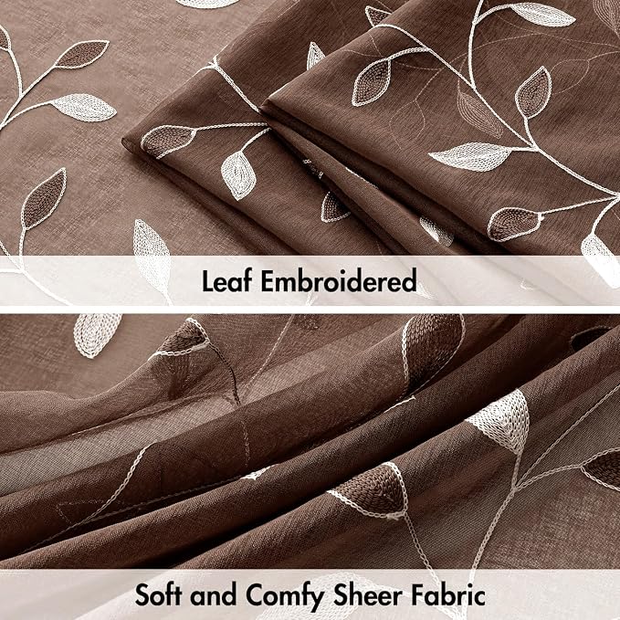 MIULEE Chocolate Brown Sheer Curtains 2 Panels Leaf Patterned, W52 x L63 | - Image 4