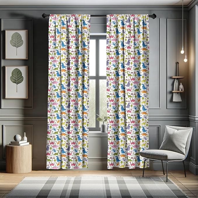 Ambesonne Dino Window Curtains, Cartoon Style Colorful Dinosaurs T-Rex Triceratops Prehistoric Reptile Wildlife, Lightweight Decor 2-Panel Set with Rod Pocket, Pair of - 28" x 84", Blue Green