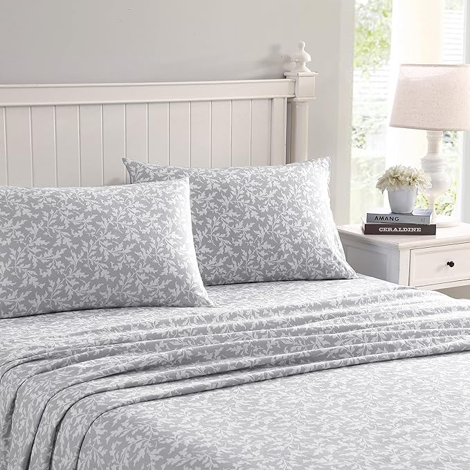Laura Ashley - Flannel Sheets Twin Size, Anti-Pilling & Wrinkle Resistant Cotton, Touchably Soft for All-Season Comfort - Bed Sheets with Matching Pillowcase & Fitted Sheet (Crestwood Pastel Grey)
