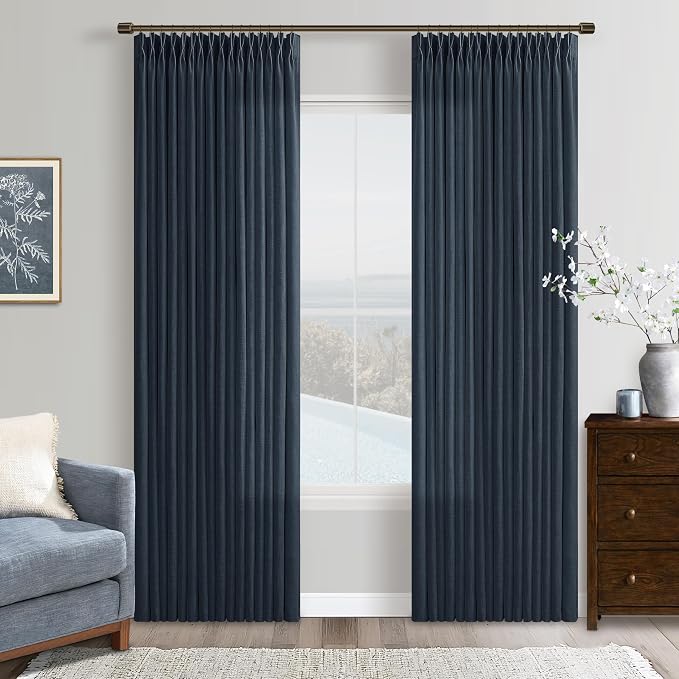 Modern Pinch Pleated Linen Navy Blue Semi Sheer Curtains by Twodrapes