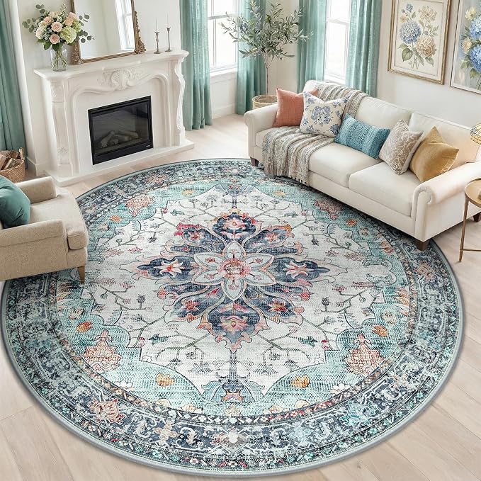 RELEANY Washable Area Rug, Round 8ft, Teal Green/White/Navy | Non-Slip by RELEANY