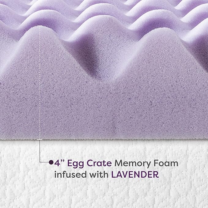Best Price Mattress 4 Inch Egg Crate Memory Foam Mattress Topper with Soothing Lavender Infusion, CertiPUR-US Certified, Dorm Essentials, Short Queen