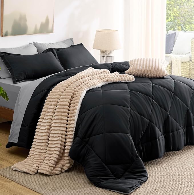 Bedsure California King Comforter Set - 7 Pieces Reversible Black Bedding, California King Size Bed Set for All Seasons, Bed in a Bag with Down Alternative Comforter, Sheets, Pillowcases & Shams