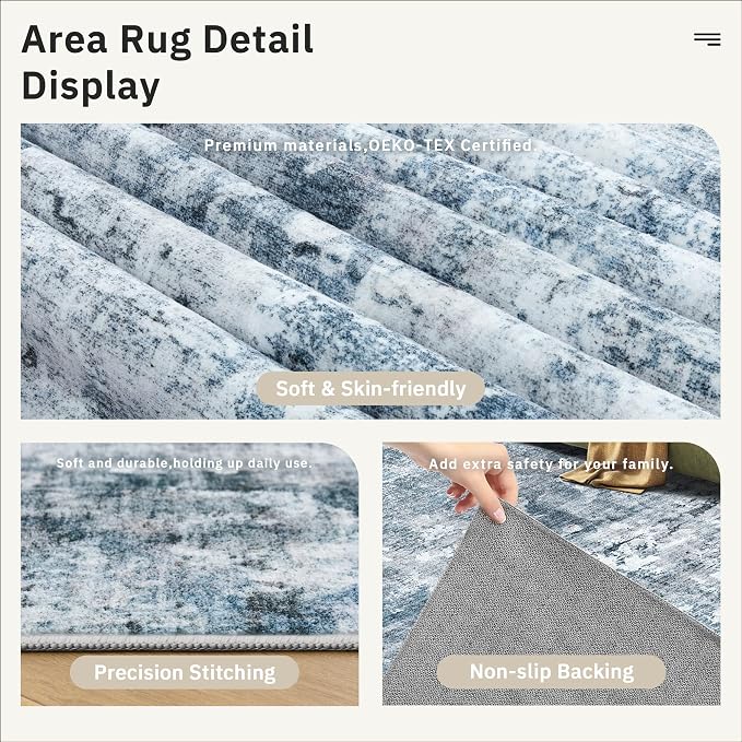 Soalmost Abstract Area Rug 6x9 for Living Room Washable Rugs Blue/Grey | - Image 6