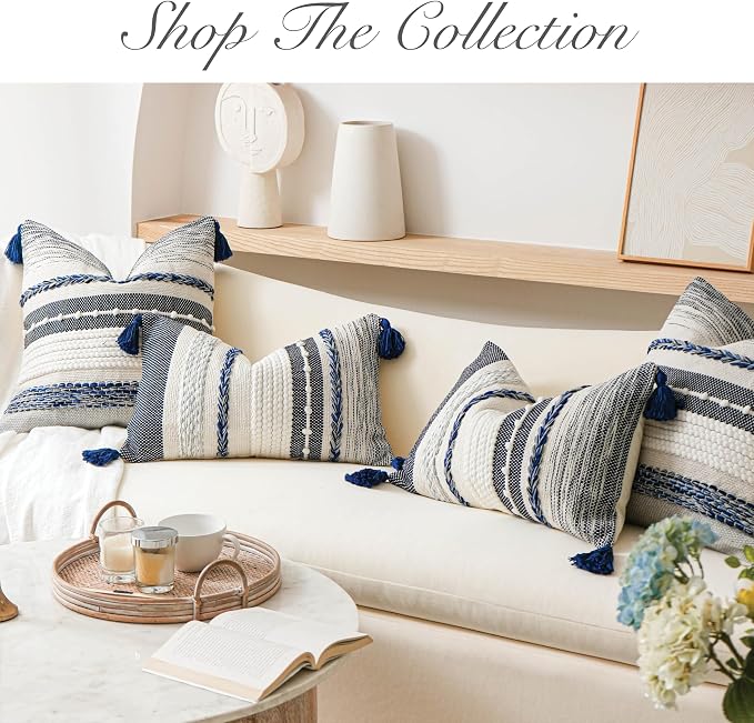 Navy Dark Blue Boho Throw Pillow Cover 22x22 Grey Decorative Accent Pillow - Image 7
