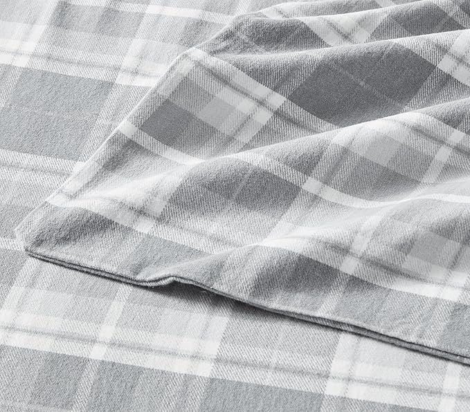 Laura Ashley - Flannel Sheets King Size, Anti-Pilling & Wrinkle Resistant Cotton, Touchably Soft for All-Season Comfort - Bed Sheets with Matching Pillowcases & Fitted Sheet (Mulholland Plaid Grey)