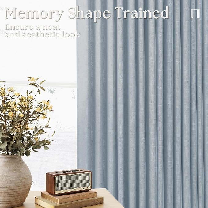 Dusty Blue Pinch Pleated Linen Semi Sheer Curtains 45 Inch Length 2 Panels | - Image 3