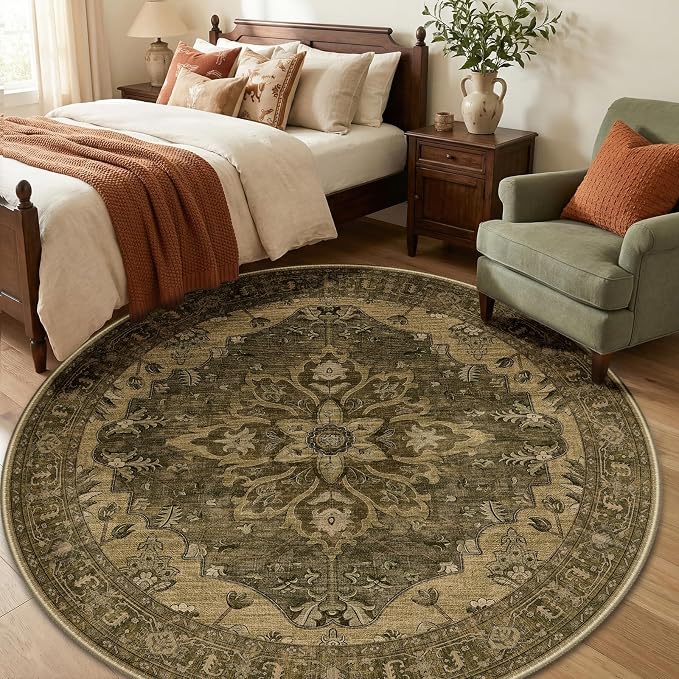 RELEANY Washable Area Rug, Round 6ft, Water Repellent, Pet Friendly, Vintage - Image 3