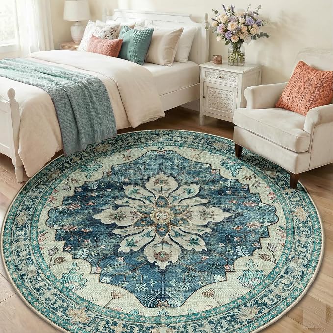 RELEANY Washable Area Rug, Round 6ft, Water Repellent, Pet Friendly, Vintage - Image 3