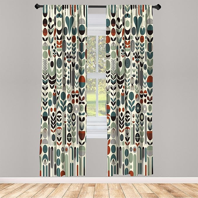 Ambesonne Leafy Art Curtains, Scandinavian Leaves Pattern with Geometric Roundy Modern Boho Print, Window Treatments 2 Panel Set for Living Room Bedroom, Pair of - 28" x 84", Pale Green Redwood Teal