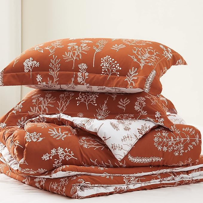 Bedsure King Comforter Set - Terracotta Bed Set, 3 Pieces Cute Floral Bedding, 1 Soft Reversible Botanical Flowers Comforter and 2 Pillow Shams