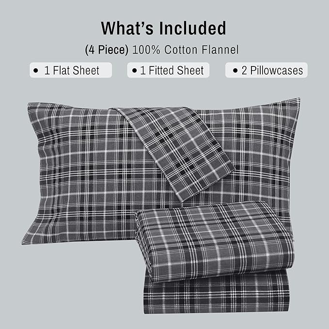 RUVANTI Flannel Sheets Split King Size - 100% Cotton Brushed Split King Bed Sheets Set, Deep Pockets 16 Inches, All Seasons Breathable & Extra Soft, Warm & Cozy, 5 Piece, Grey Plaid
