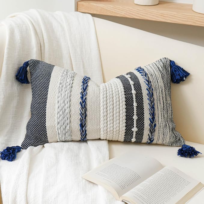 Decorative Lumbar Throw Pillow Cover 14x24 Boho Dark Blue Accent Cushion by BlissBlush