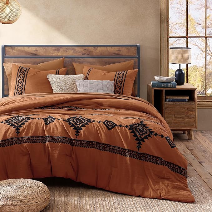 MaiRêve Burnt Orange Embroidery Comforter Sets Full Size - 7 Pieces, Farmhouse Western Boho Comforter Set, All Season Bed in A Bag Full Size with Sheets, Pillowcases & Shams