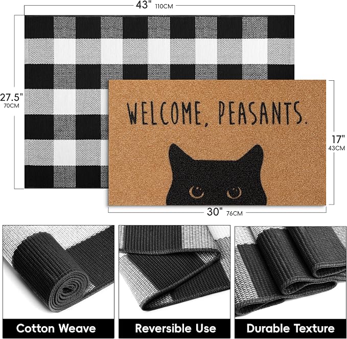 2 Pcs Welcome Peasants Black Cat Door Mat Set, Layered Artificial Coir Doormat - Image 2