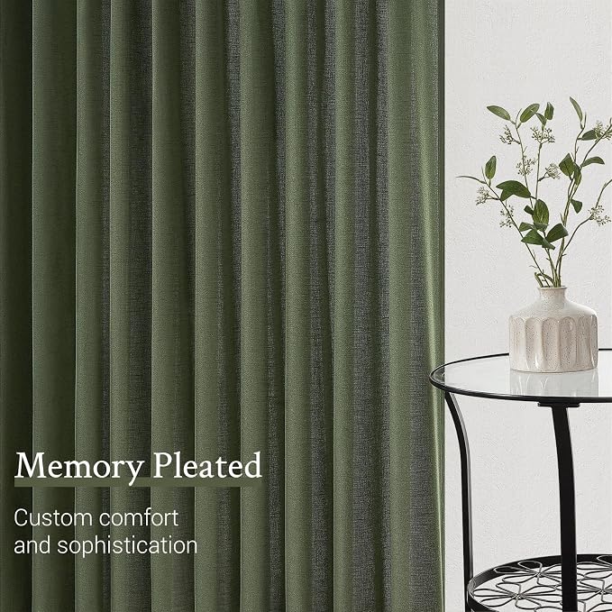 Topfinel Olive Green Pinch Pleated Semi Sheer Curtains Textured Linen Blended - Image 5