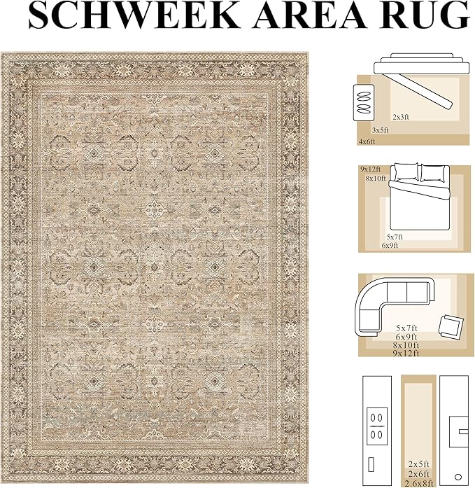 Schweek 8x10 Washable Area Rugs Khaki Vintage Carpet Non Slip - Image 2