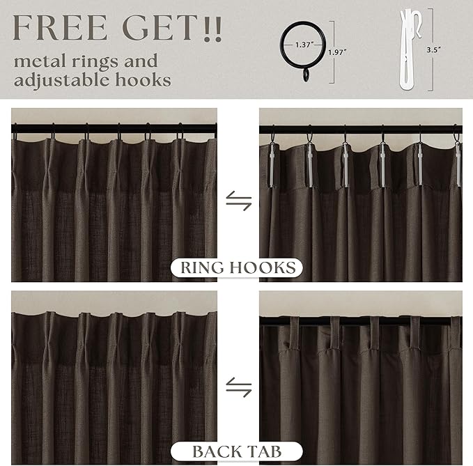 Dark Chocolate 84 Inch Pinch Pleated Semi Sheer Linen Curtains 2 Panels | - Image 5