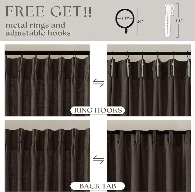 Dark Chocolate Pleated Linen Semi Sheer Curtains 45 Inch Length 2 Panels | - Image 3