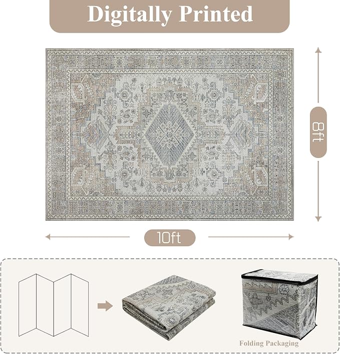 5x7 Washable Area Rugs for Living Room, Dining Room- Retro Taupe | Ultra Soft - Image 2