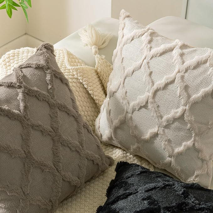 Set of 2 Beige Morrocan Decorative Pillow Covers 26x26 Inch Fluffy Boho Throw - Image 3