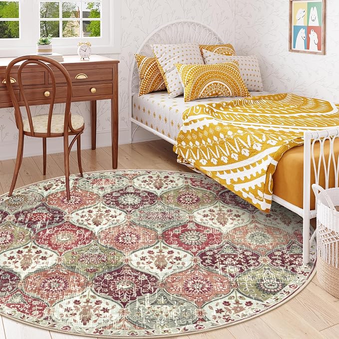 Lahome Moroccan Washable Round Area Rug, Soft Round Rug 5ft Non-Slip | Trellis - Image 4