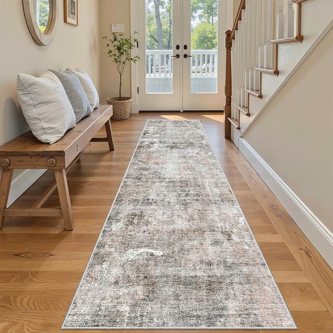 Soalmost Runner Rug 2'6"x8' Kitchen Hallway Runners Abstract Pink/Grey | - Image 3