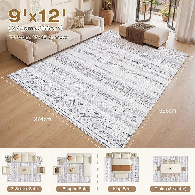 cotiled Boho 9x12 Area Rug for Living Room: Large Moroccan Washable Rug | Stain - Image 9