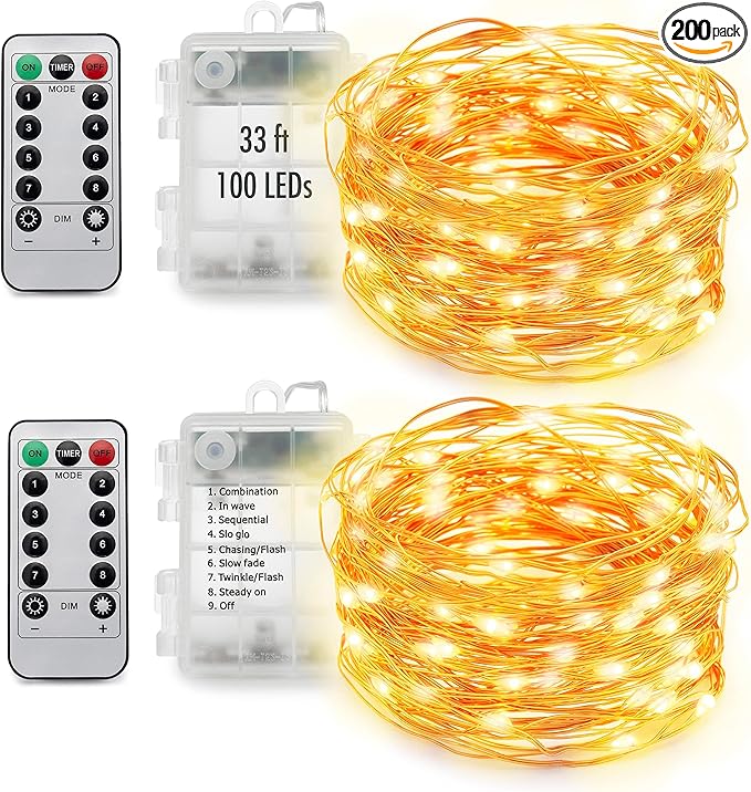 MUMUXI 2 Pack 33ft 100 LED Fairy Lights with Timer, Ourdoor Battery-Powered Twinkle and Remote Control, Christmas String Lights, Warm White Waterproof Decorative Lighting for Holidays and Events
