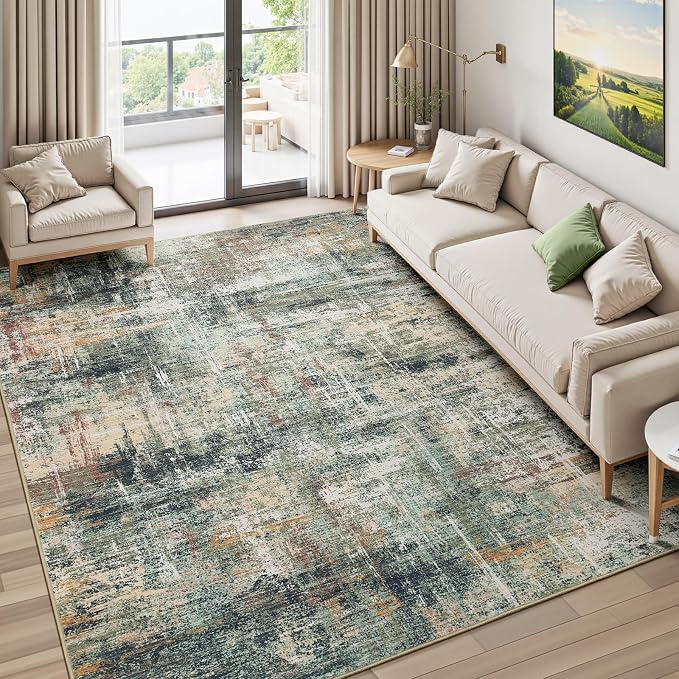 5x7 Area Rug for Living Room, Abstract Washable Non-Slip Rugs, Coffee/Green | by Lofus