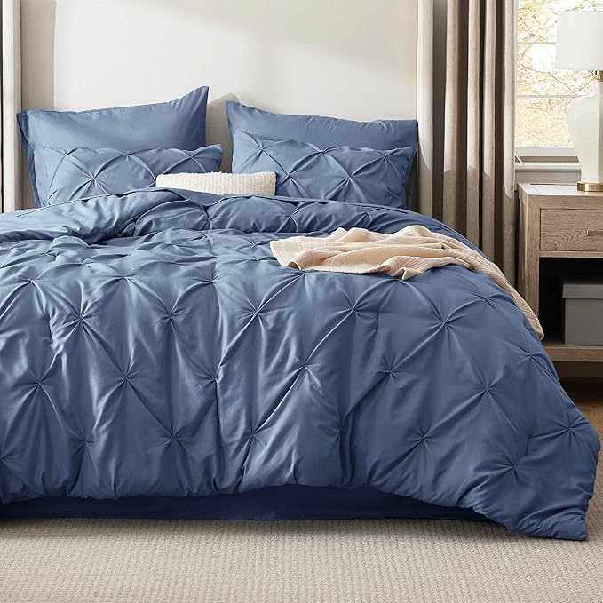 Bedsure Full Comforter Set Slate Blue - Bed in a Bag Full Size Bedding Set 7 Pieces, GentleSoft™ Pintuck Bed Set Gift for Family, Pinch Pleat All Season Comforter with Sheets, Pillowcases & Shams