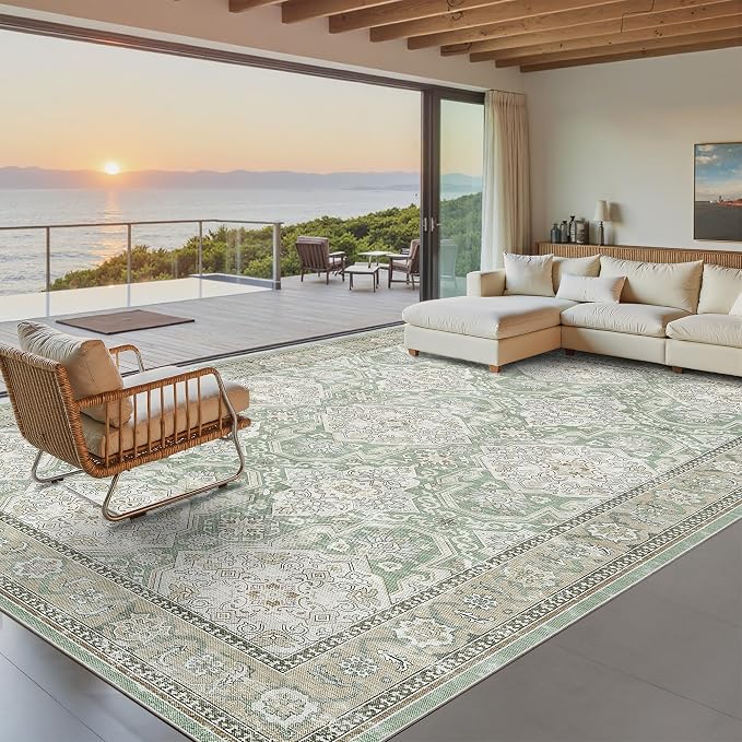 Soalmost 8x10 Area Rugs Large Washable Living Room Rug Non-Slip Green/Brown | - Image 2