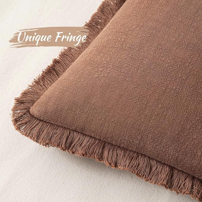 MIULEE Linen Fringe Decorative Fall Euro Throw Pillow Covers Brick 24x24 | Set - Image 2