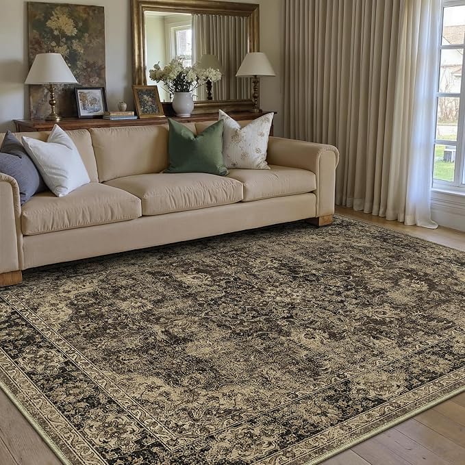 5x7 Brown Retro Floral Washable Area Rug - Image 3