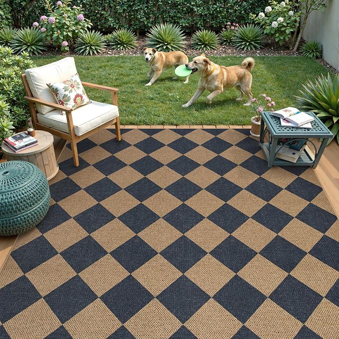 Lahome Checkered Easy Jute 5x7 Outdoor Patio Rug, Living Room Rugs Washable | - Image 3