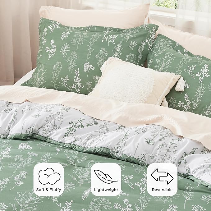 Bedsure Twin/Twin XL Comforter Set - Green Bed Set, 2 Pieces Cute Floral Bedding, 1 Soft Reversible Botanical Flowers Comforter and 1 Pillow Sham