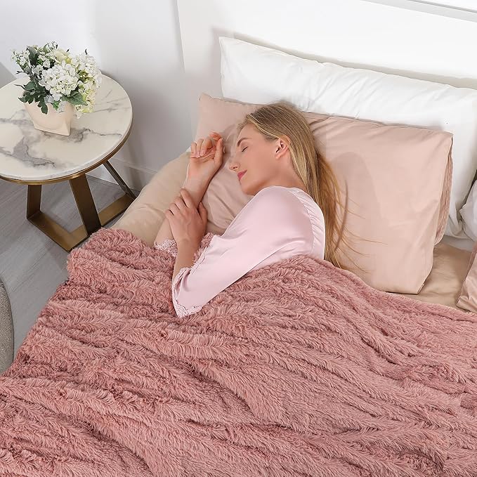 Tuddrom Decorative Extra Soft Faux Fur Blanket Twin Size 70" x 78",Solid Reversible Fuzzy Long Hair,Fluffy Cozy Plush Fleece Comfy Microfiber Blanket for Couch Sofa Bed,Peach Whip